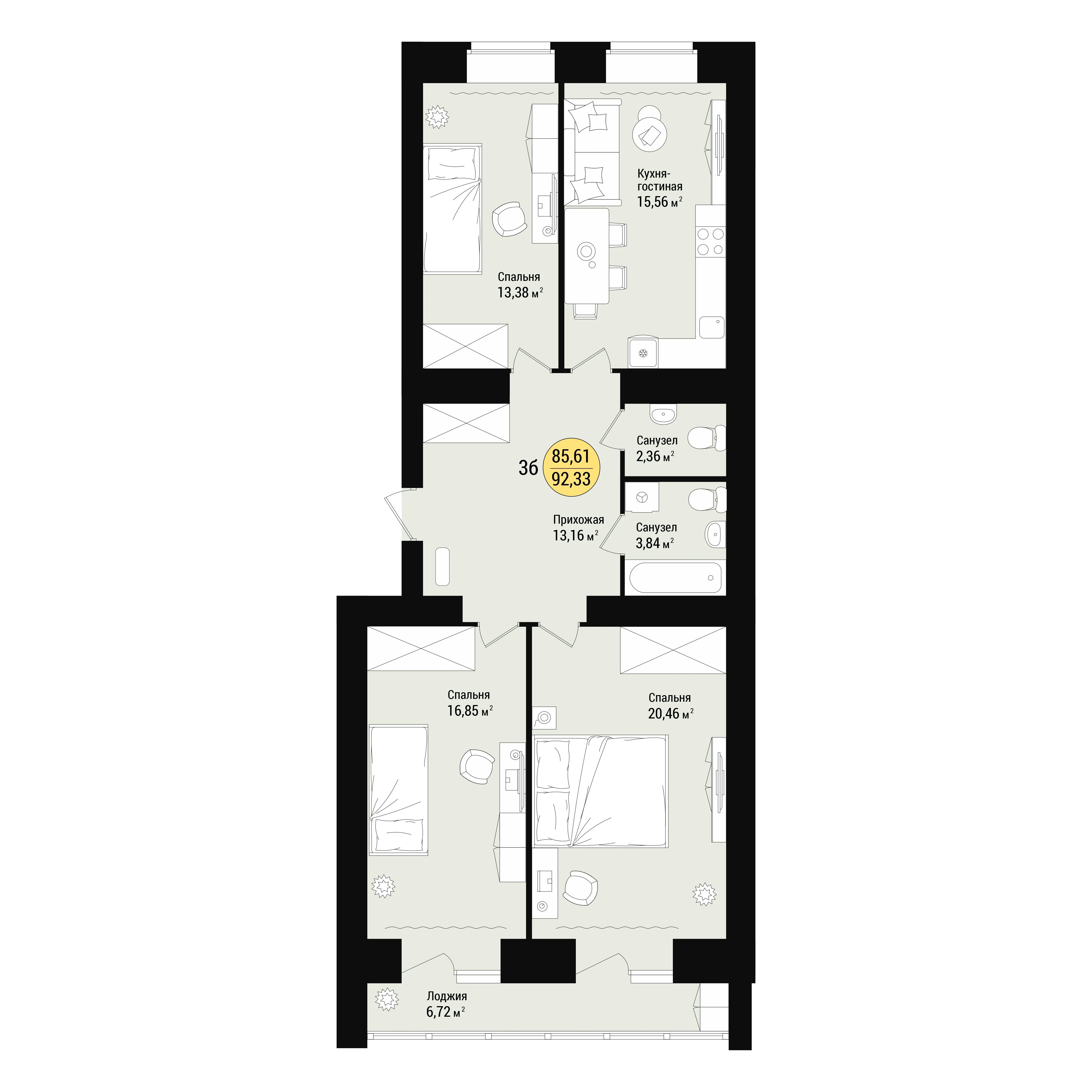 3-комнатная 92 м2 в ЖК Дубовый парк корпус null этаж 11