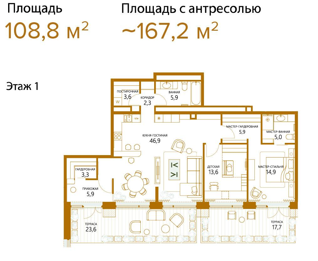 2-комнатная 108 м2 в ЖК Champine корпус null этаж 1