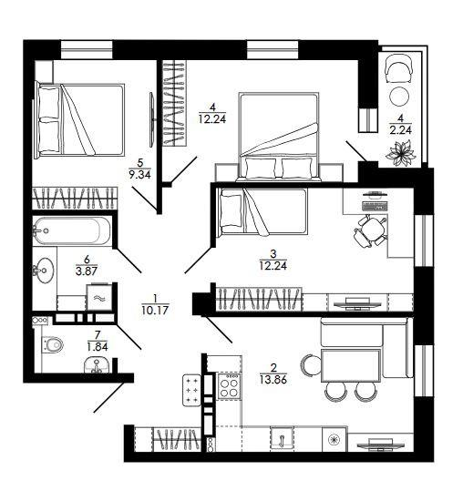 3-комнатная 65.6 м2 в ЖК undefined корпус null этаж 15