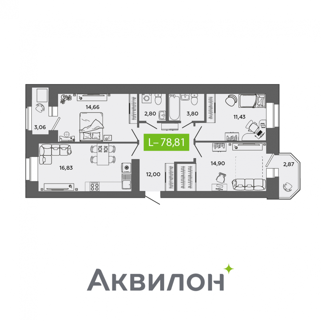 3-комнатная 78.2 м2 в ЖК undefined корпус null этаж 9