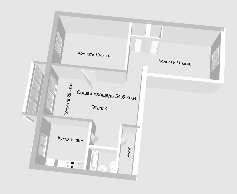 3-комнатная 54.6 м2 в ЖК undefined корпус null этаж 4