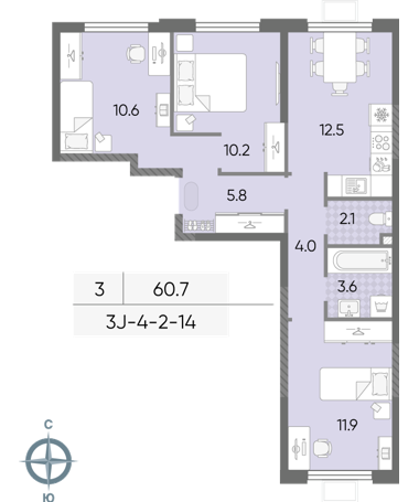3-комнатная 60 м2 в ЖК ЛУЧИ корпус null этаж 11
