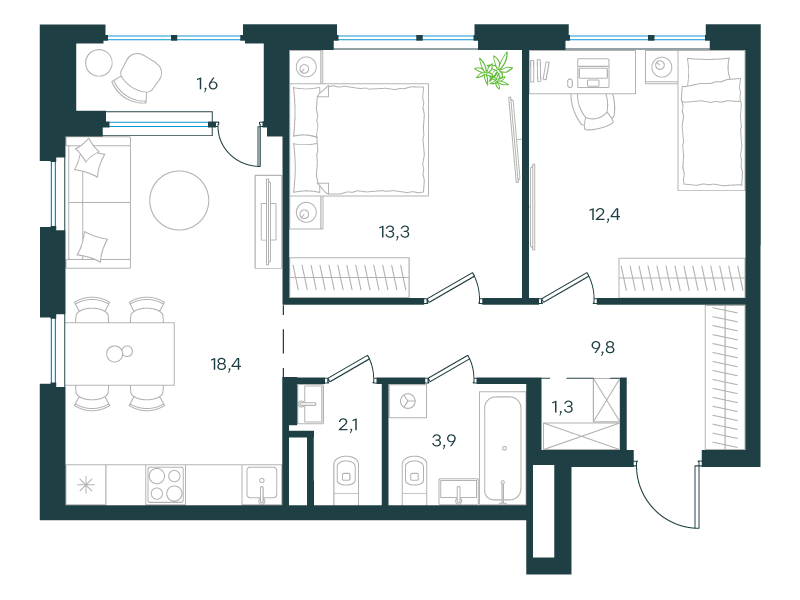 2-комнатная 62 м2 в ЖК Левел Лесной корпус null этаж 11