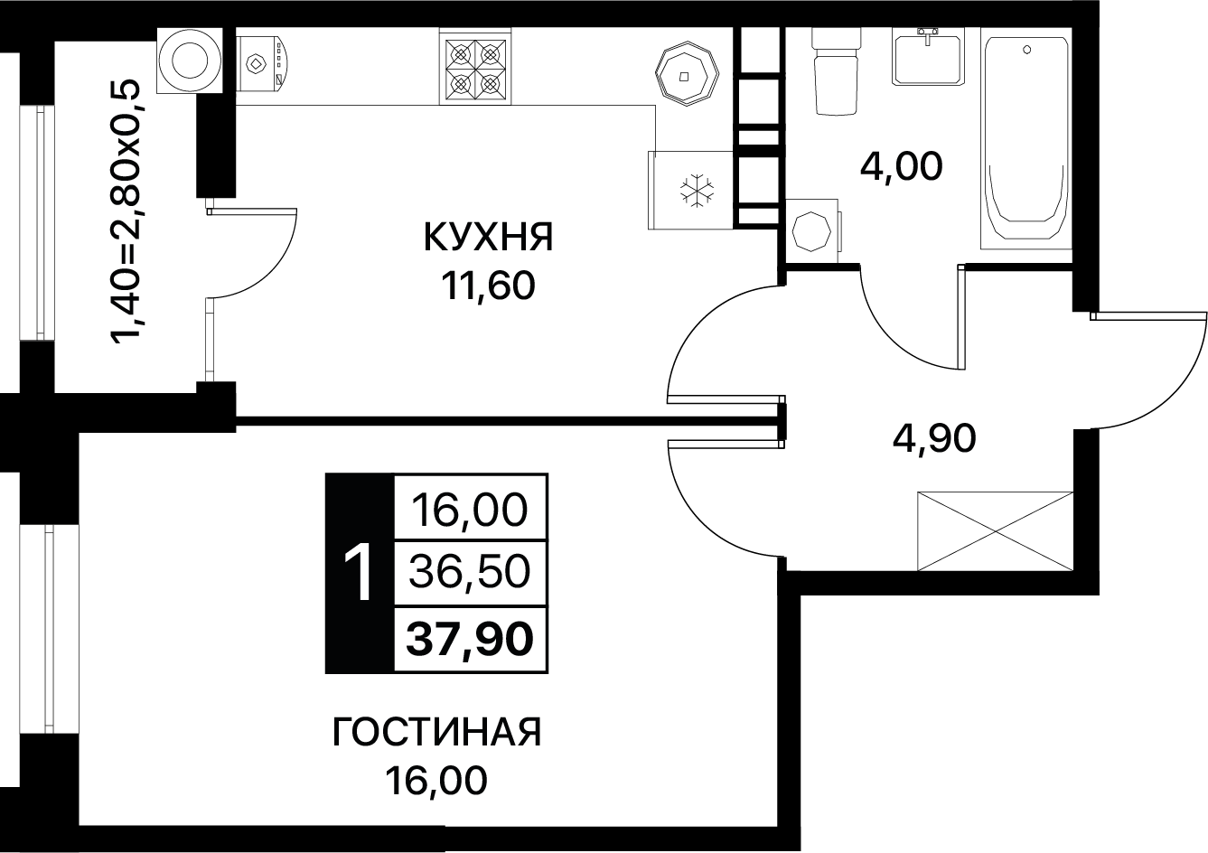 1-комнатная 37 м2 в ЖК Сияние корпус null этаж 12