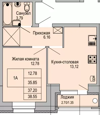 1-комнатная 38 м2 в ЖК г. Козьмодемьянск, Позиция 5, микрорайон 3 корпус null этаж 1