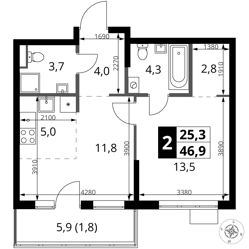 2-комнатная 46 м2 в ЖК 1-й Ясеневский корпус null этаж 9
