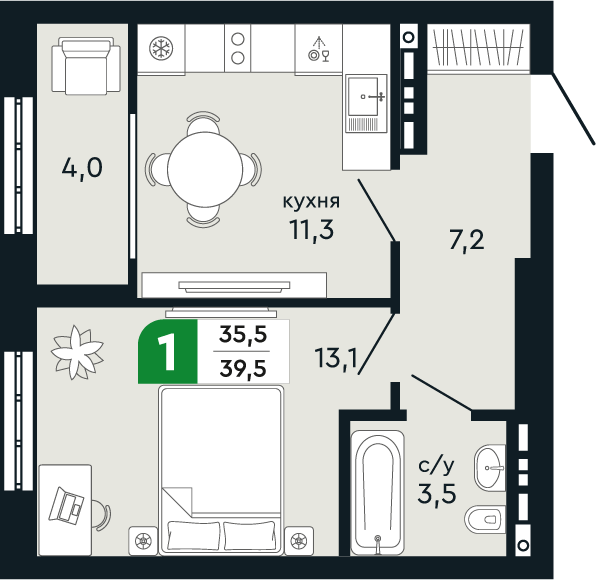 1-комнатная 39 м2 в ЖК Green Park корпус null этаж 9
