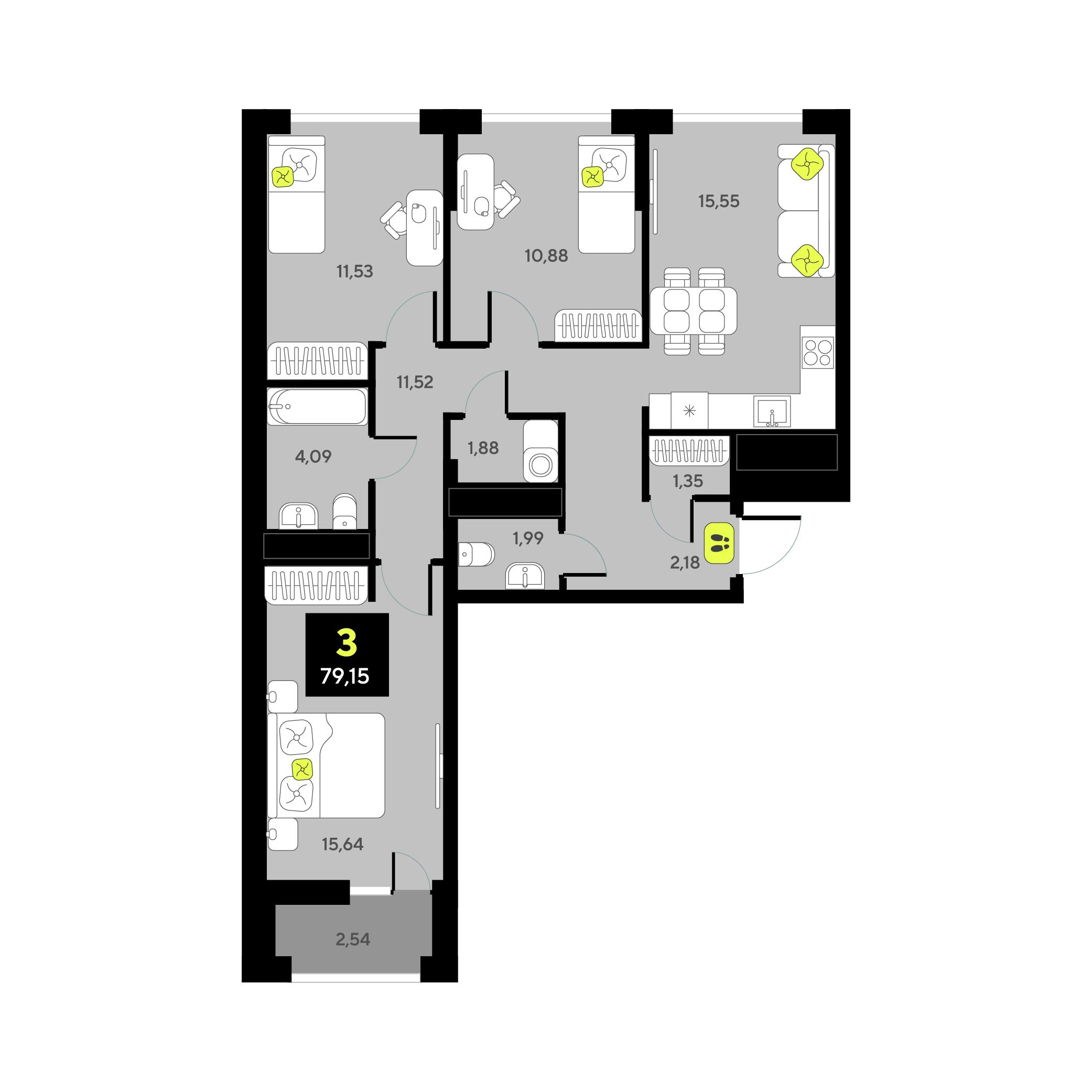 3-комнатная 79 м2 в ЖК Мотивы корпус null этаж 9