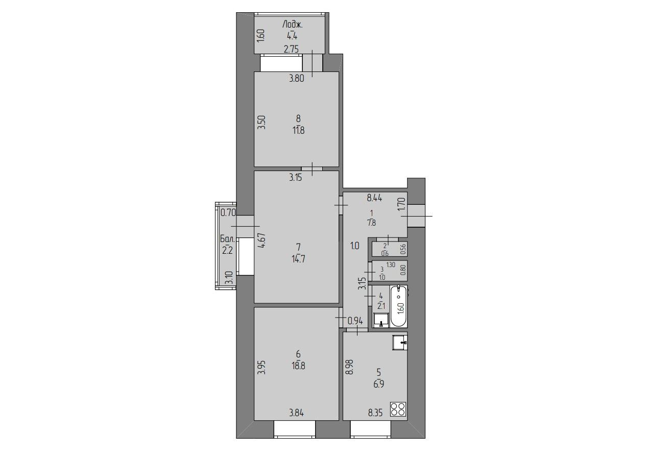 3-комнатная 56.5 м2 в ЖК undefined корпус null этаж 3