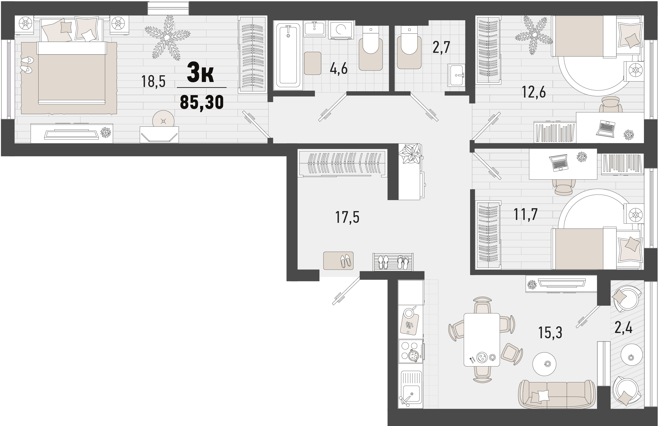 3-комнатная 85 м2 в ЖК Барса корпус null этаж 10