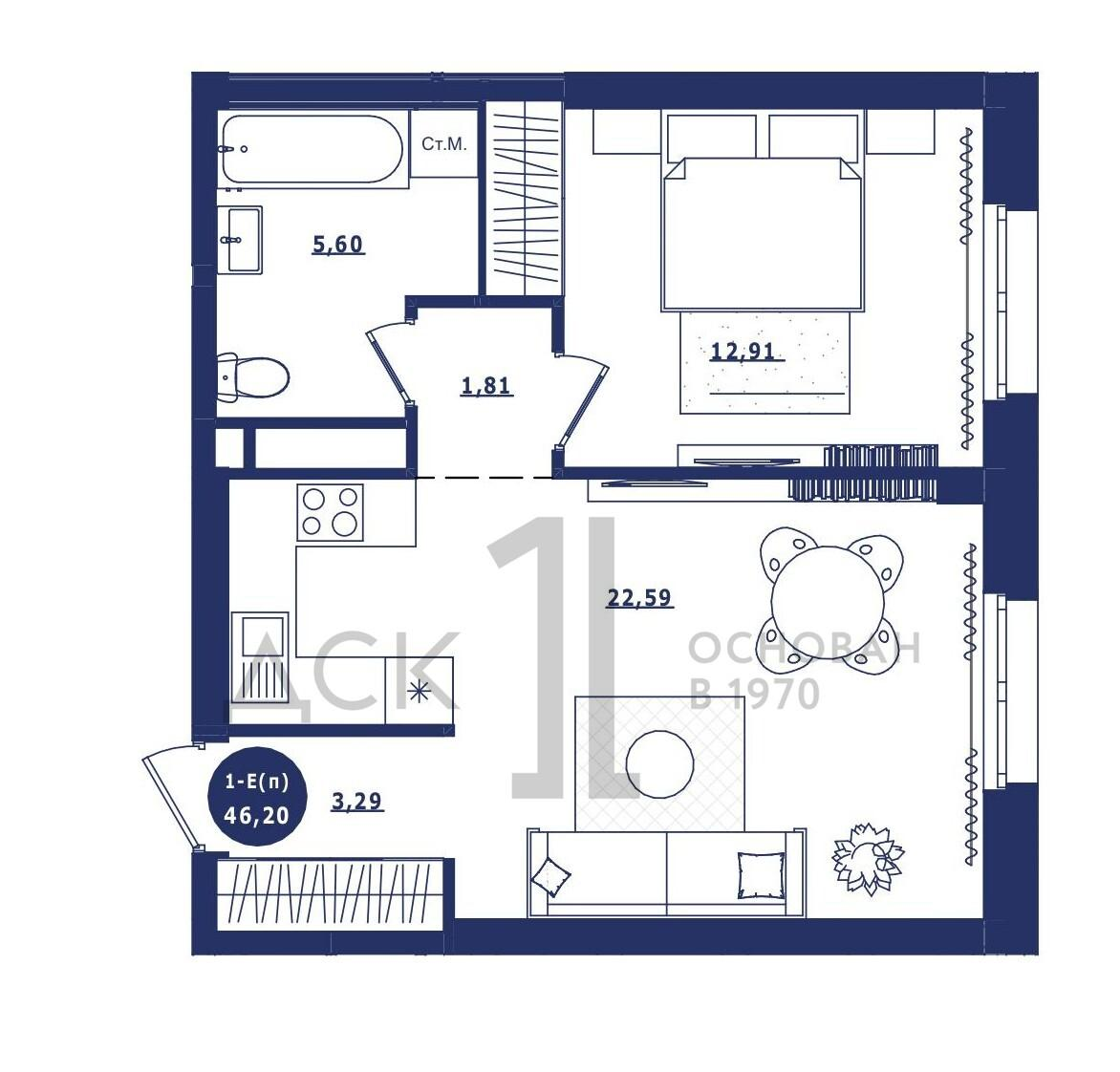 1-комнатная 46 м2 в ЖК Крылов корпус null этаж 10