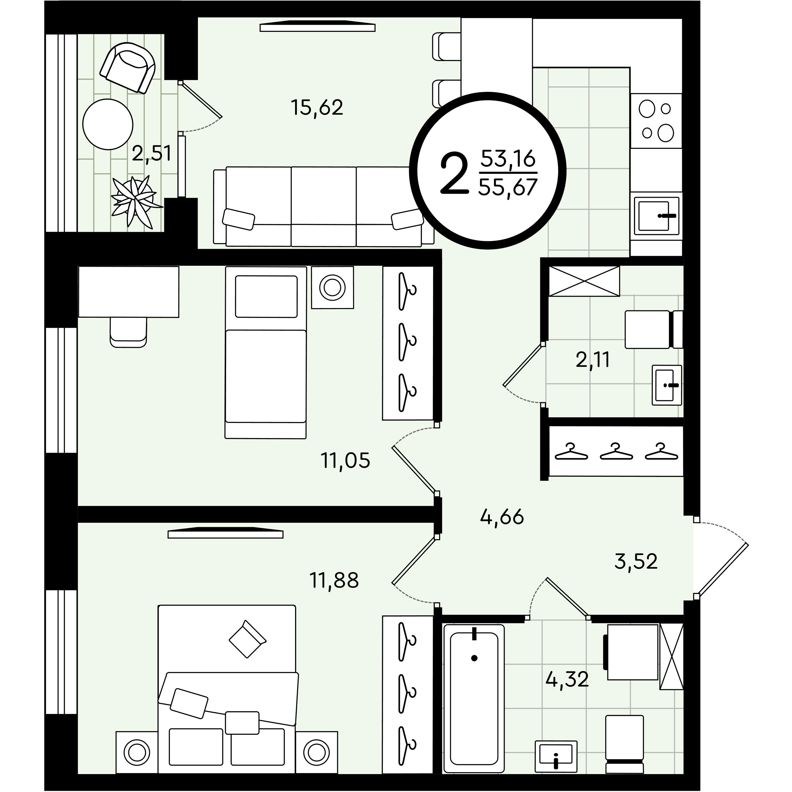 2-комнатная 55 м2 в ЖК Зеленые Аллеи корпус null этаж 3