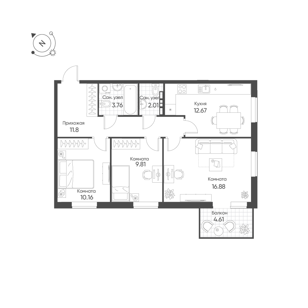 3-комнатная 68 м2 в ЖК Балтым-Парк корпус null этаж 3
