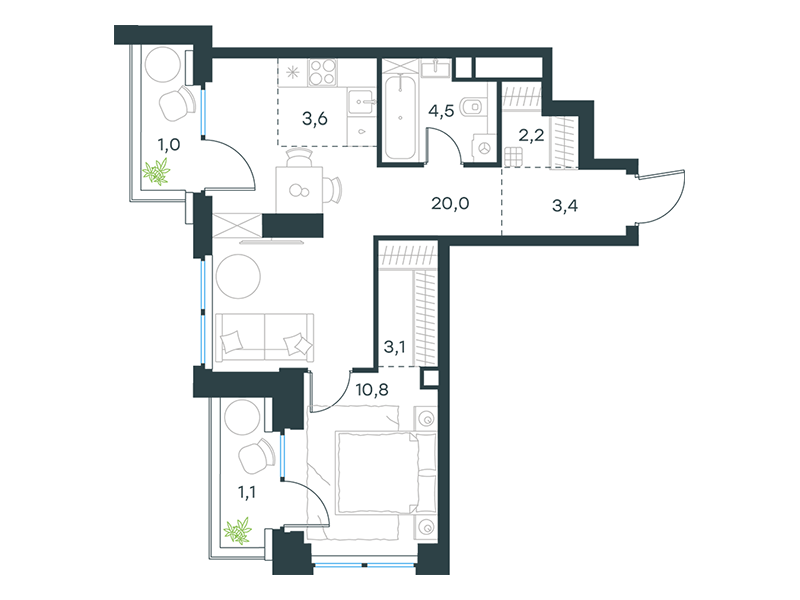 2-комнатная 49 м2 в ЖК Level Звенигородская корпус null этаж 15