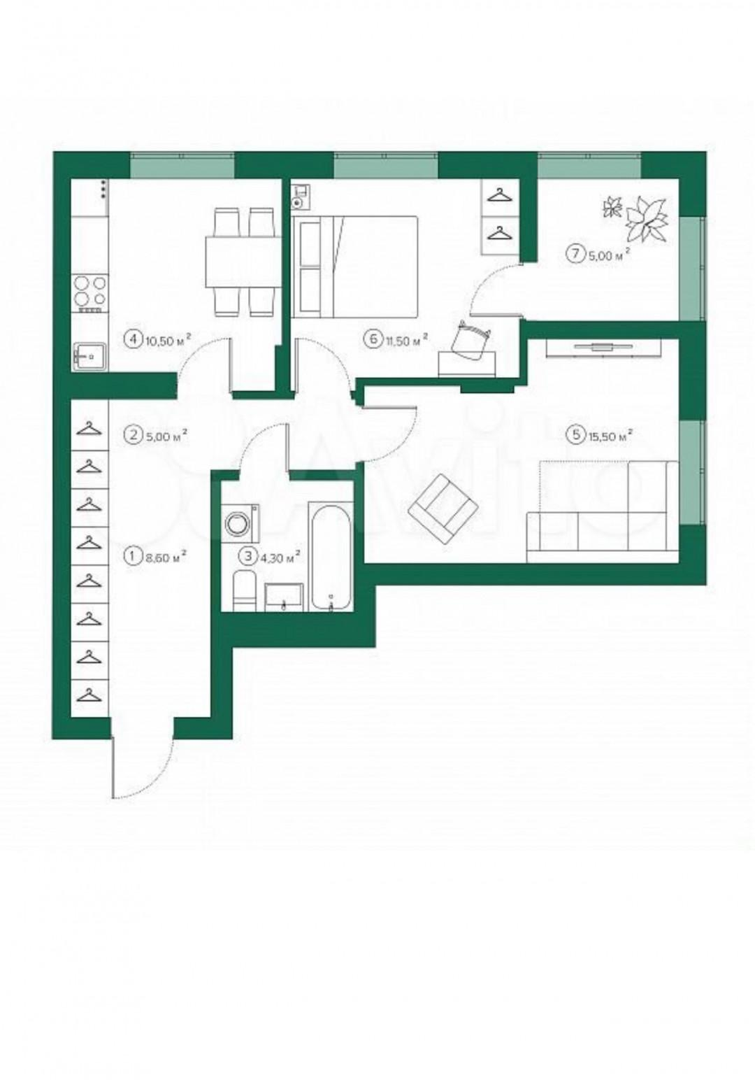 2-комнатная 57.9 м2 в ЖК undefined корпус null этаж 7