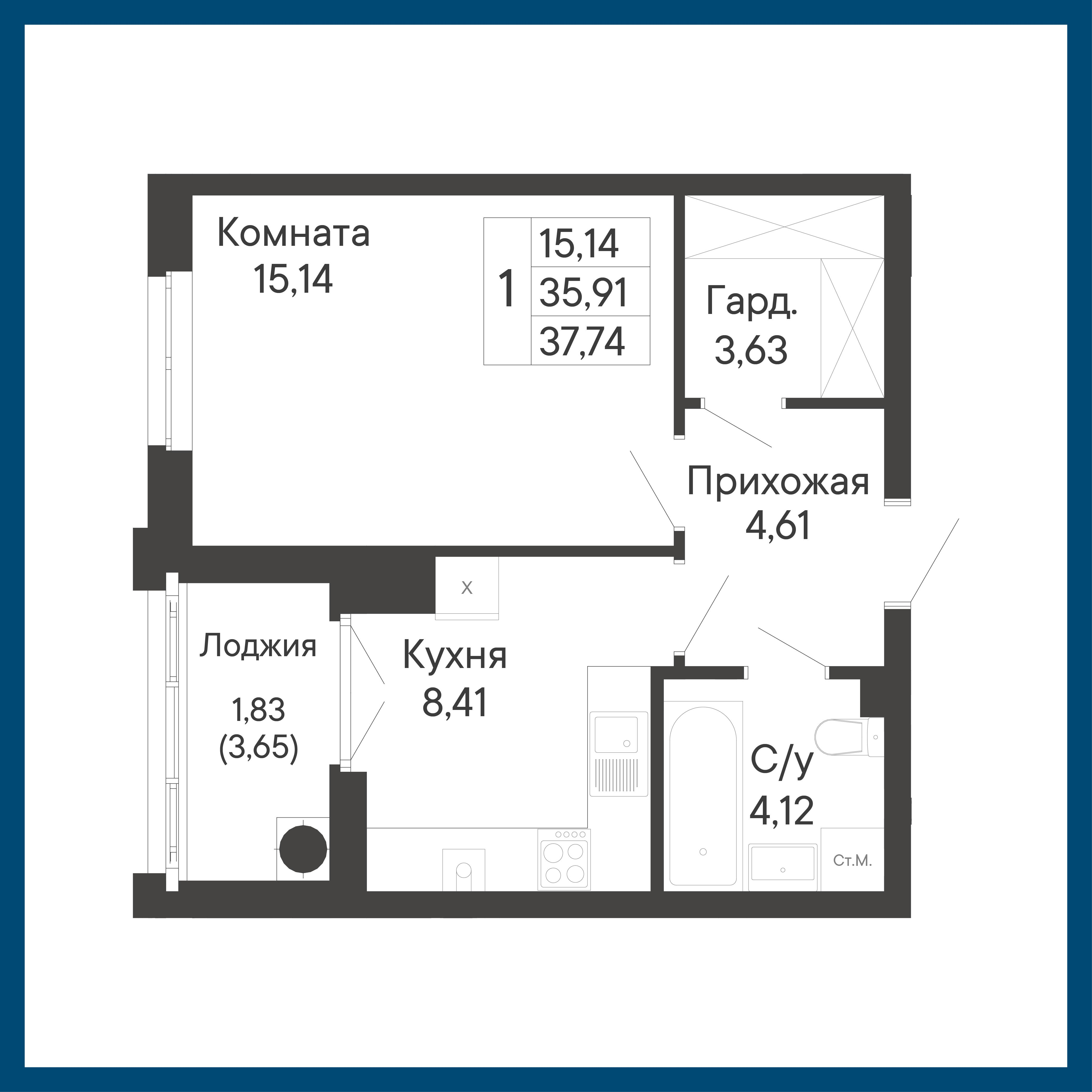 1-комнатная 37 м2 в ЖК Курортный квартал «Ривьера» корпус null этаж 6