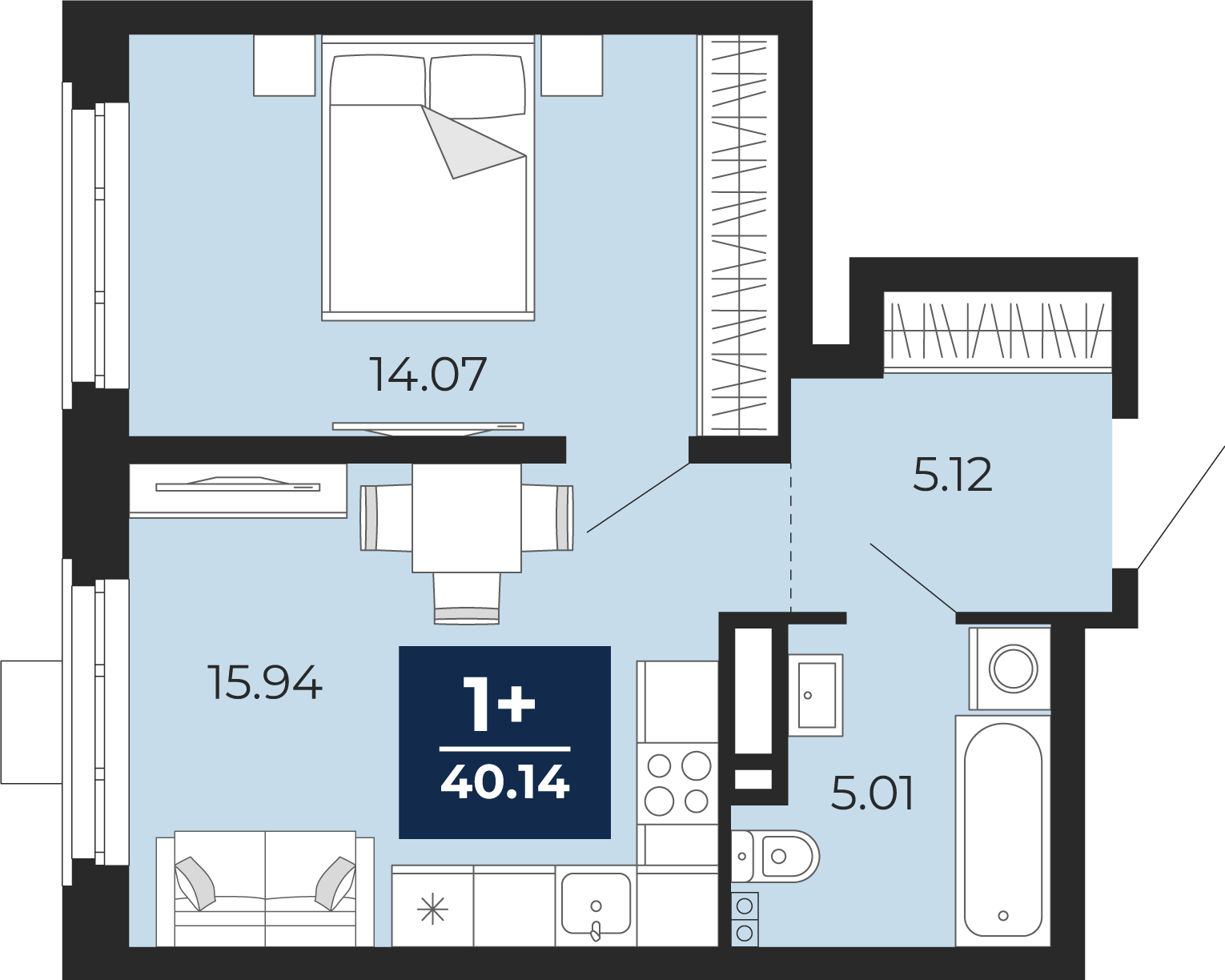 1-комнатная 40 м2 в ЖК Айвазовский корпус null этаж 18