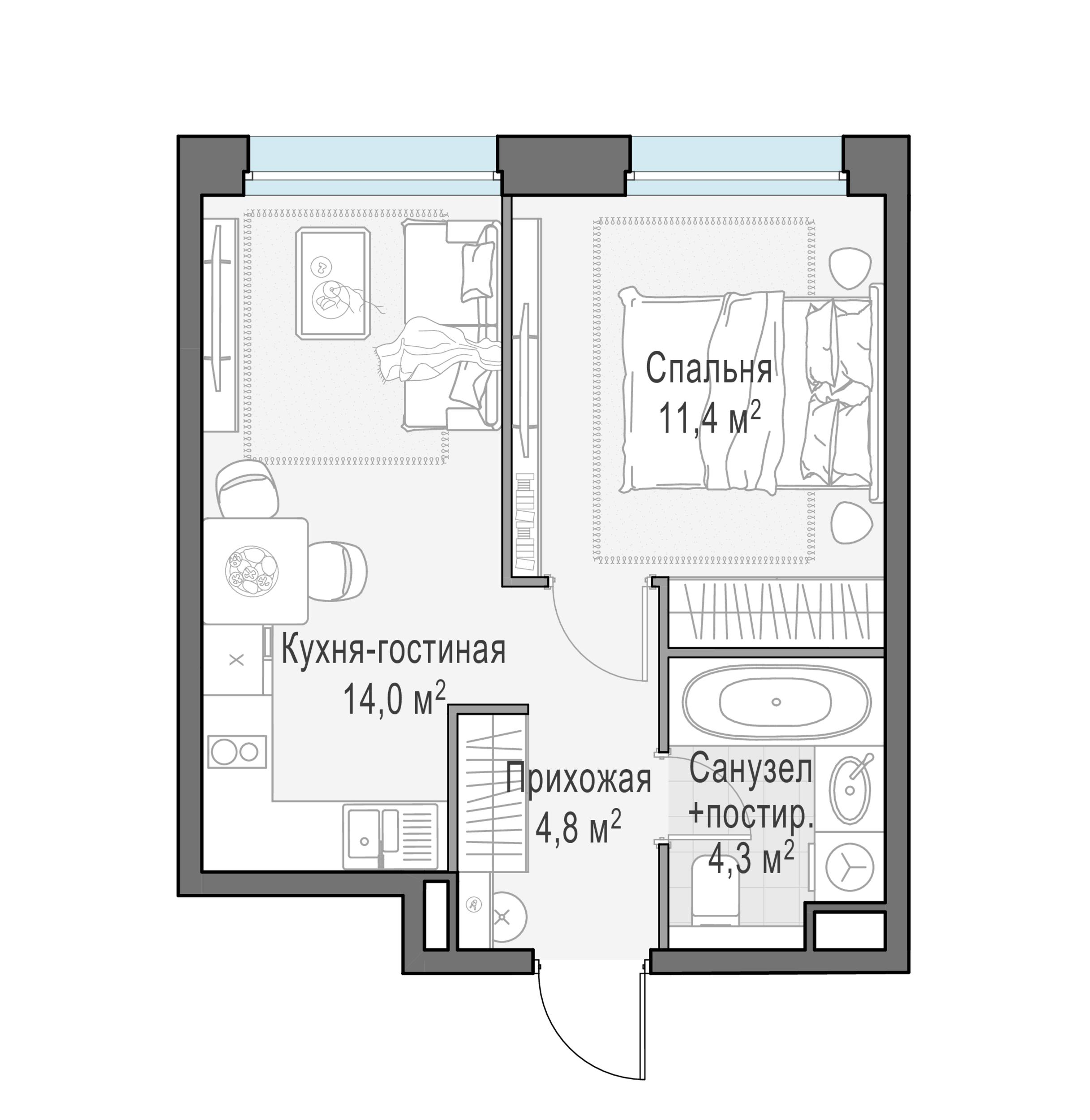 2-комнатная 34 м2 в ЖК Жилые кварталы «Белый Град» корпус null этаж 13
