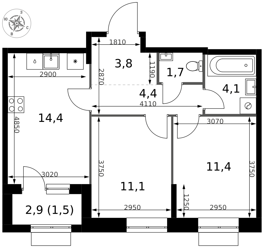 2-комнатная 52 м2 в ЖК 1-й Измайловский корпус null этаж 13