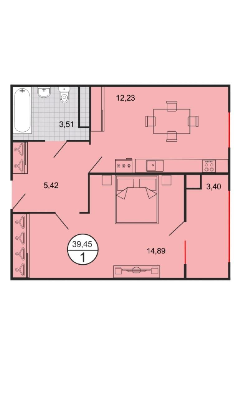 1-комнатная 39.8 м2 в ЖК undefined корпус null этаж 3