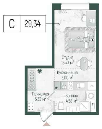 Студия 29 м2 в ЖК Рига Хиллс корпус null этаж 1