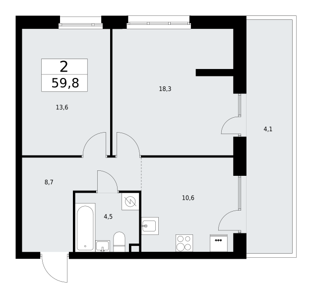 2-комнатная 59 м2 в ЖК А101 Лаголово корпус null этаж 1