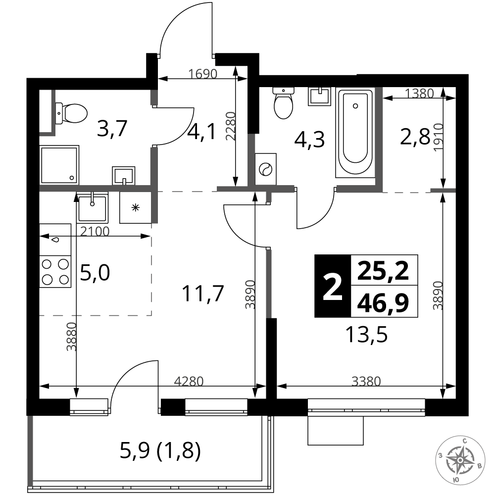 2-комнатная 46 м2 в ЖК 1-й Ясеневский корпус null этаж 5