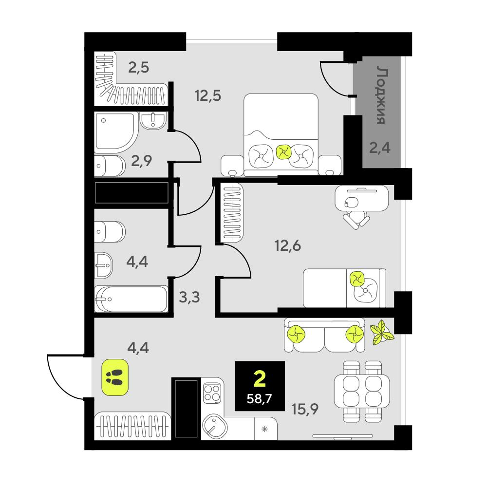 2-комнатная 58 м2 в ЖК Мотивы корпус null этаж 11