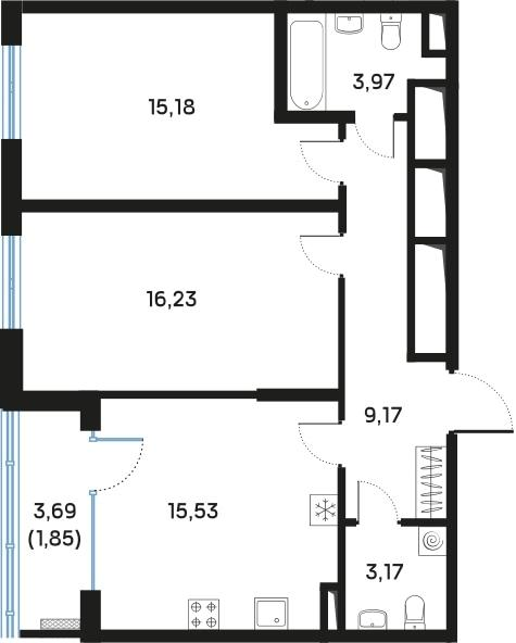 2-комнатная 65 м2 в ЖК Регенбоген корпус null этаж 3