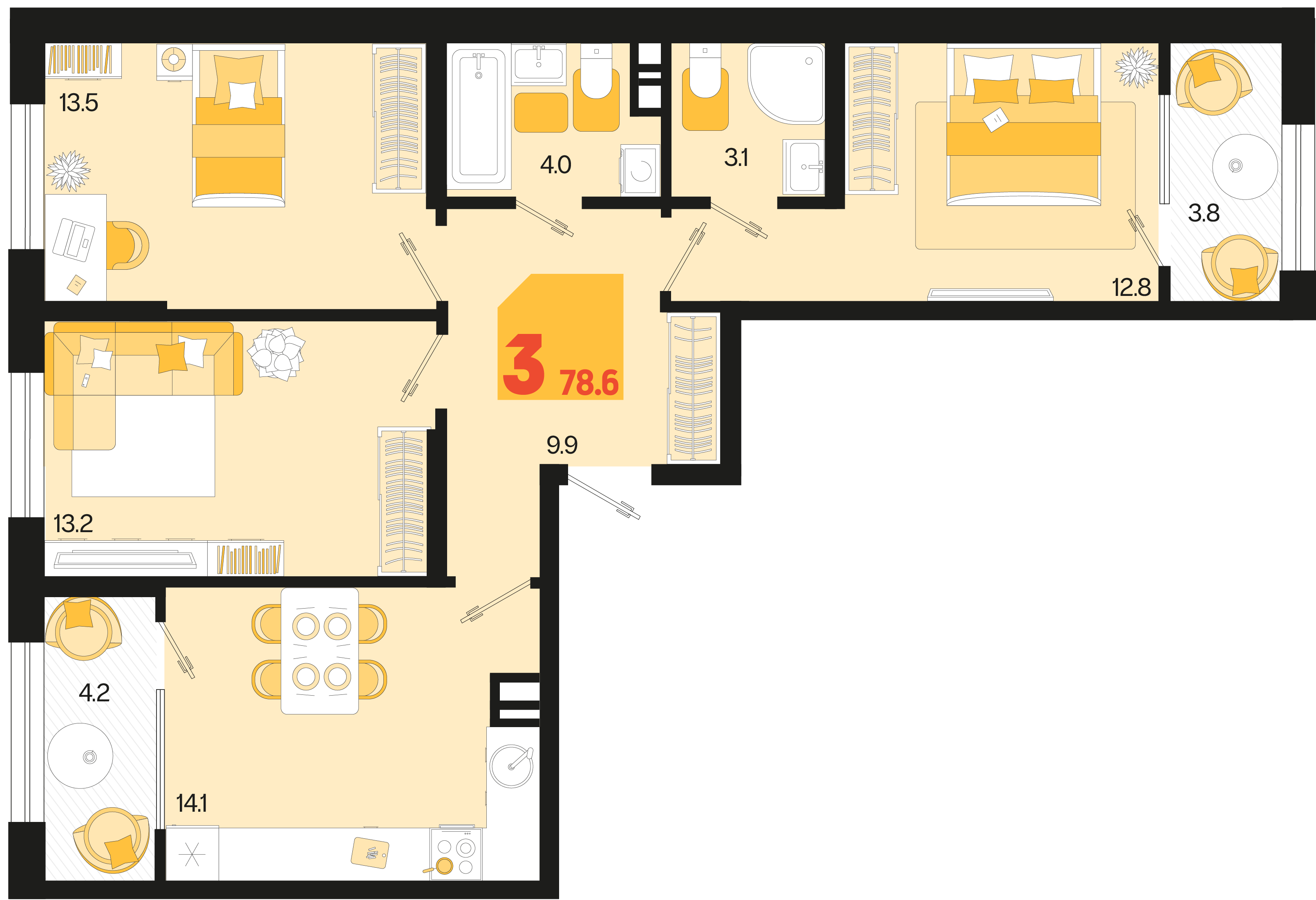 3-комнатная 78 м2 в ЖК Первое место корпус null этаж 3
