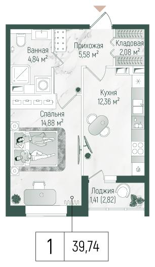 1-комнатная 41 м2 в ЖК Рига Хиллс корпус null этаж 2