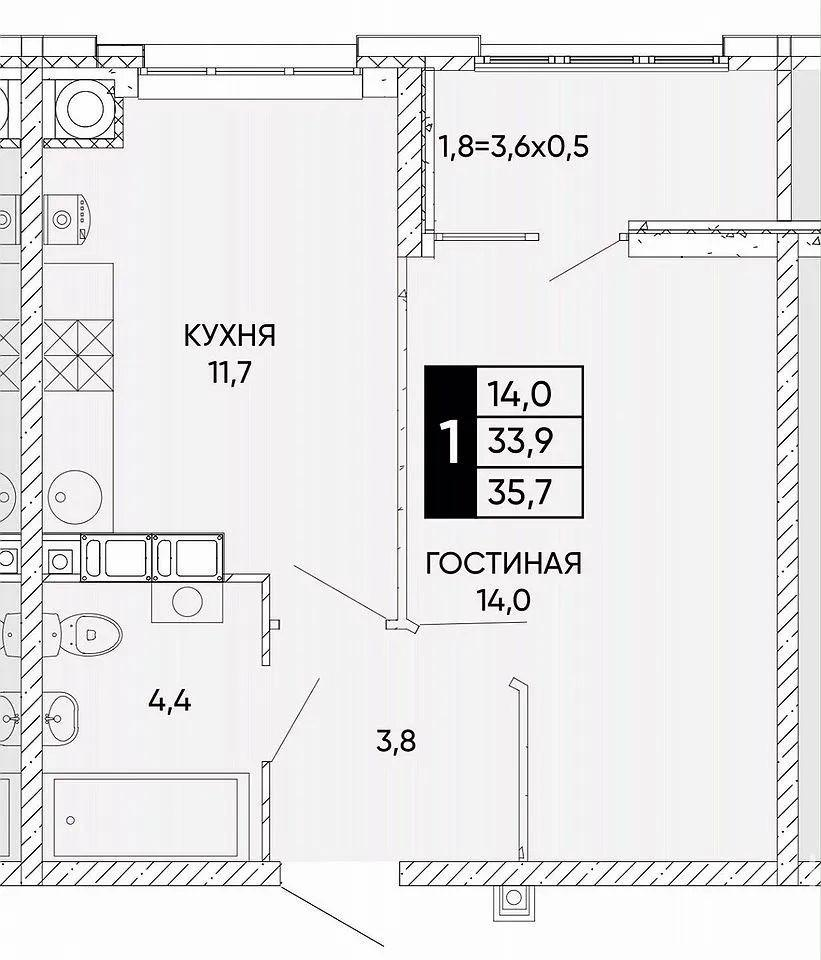 1-комнатная 36 м2 в ЖК undefined корпус null этаж 2