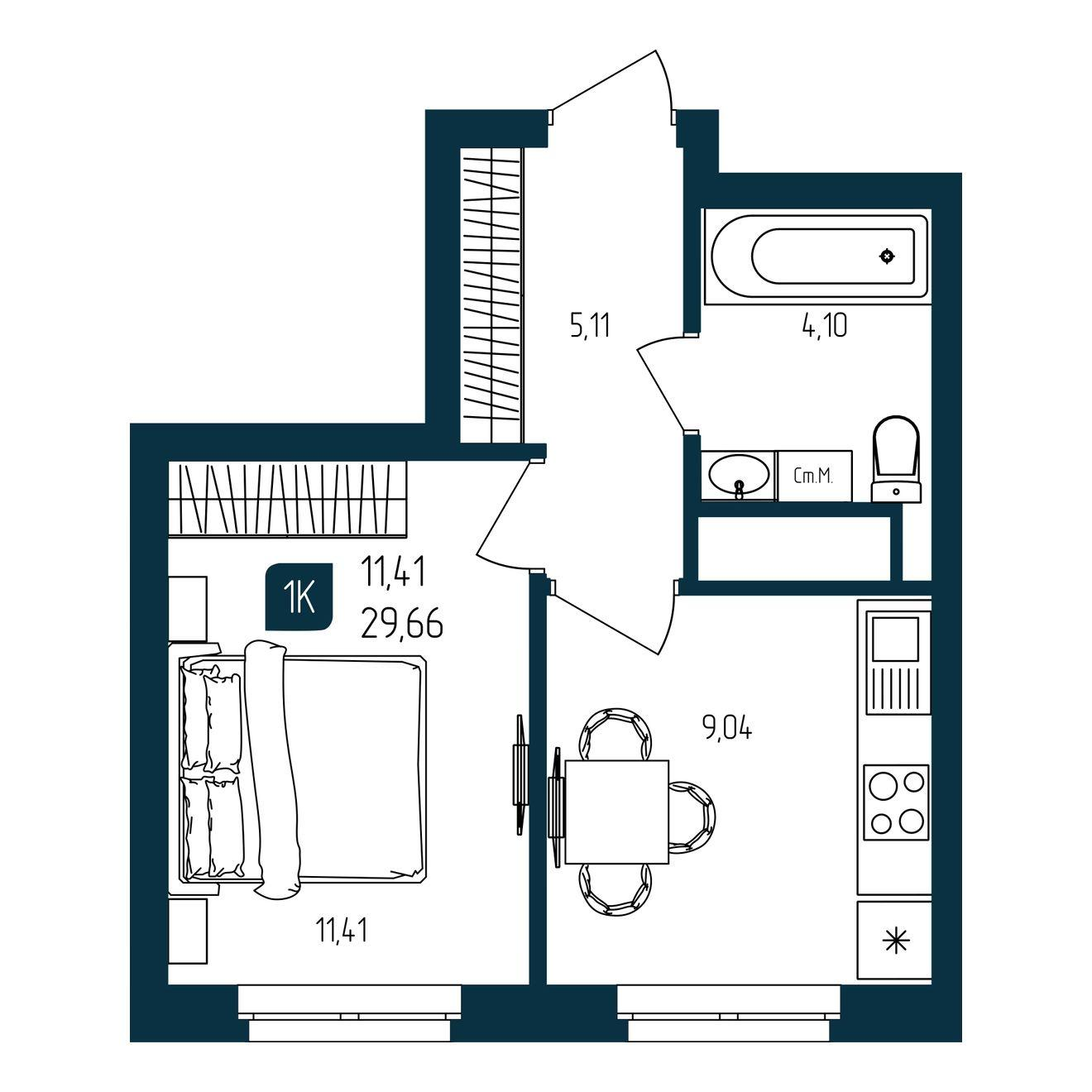 1-комнатная 29 м2 в ЖК Квартал Мятный корпус null этаж 21