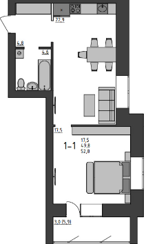 1-комнатная 52.8 м2 в ЖК undefined корпус null этаж 7