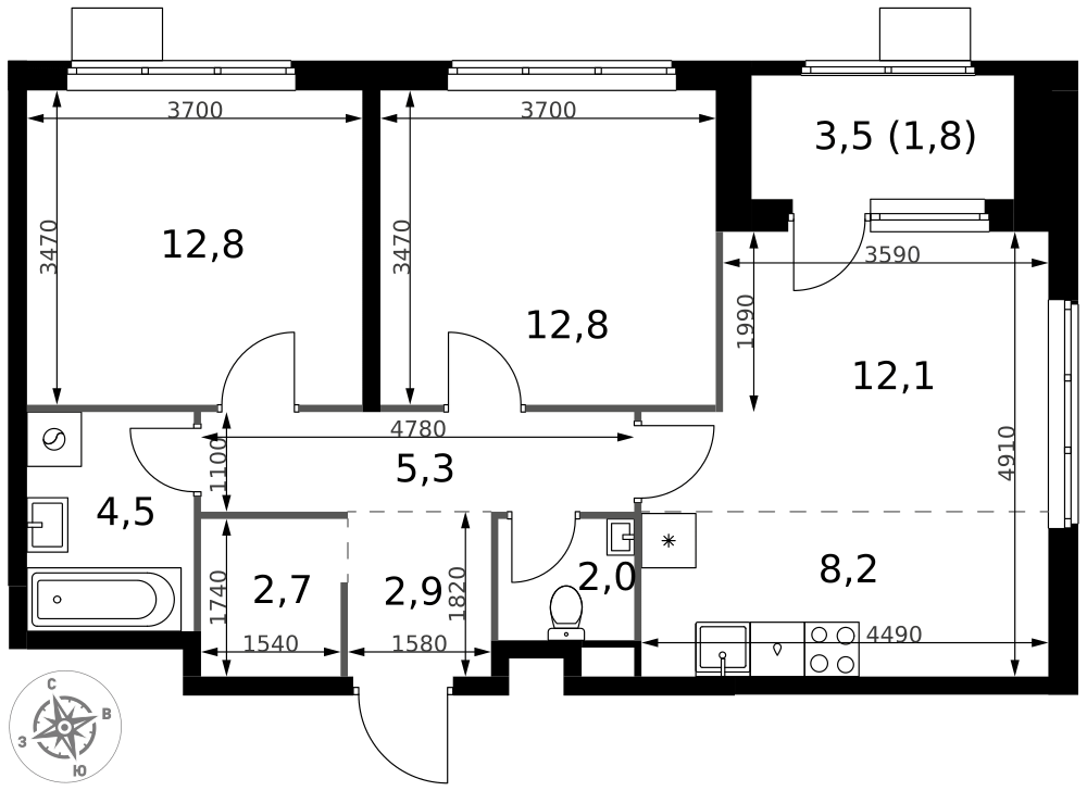 3-комнатная 65 м2 в ЖК 1-й Химкинский корпус null этаж 3