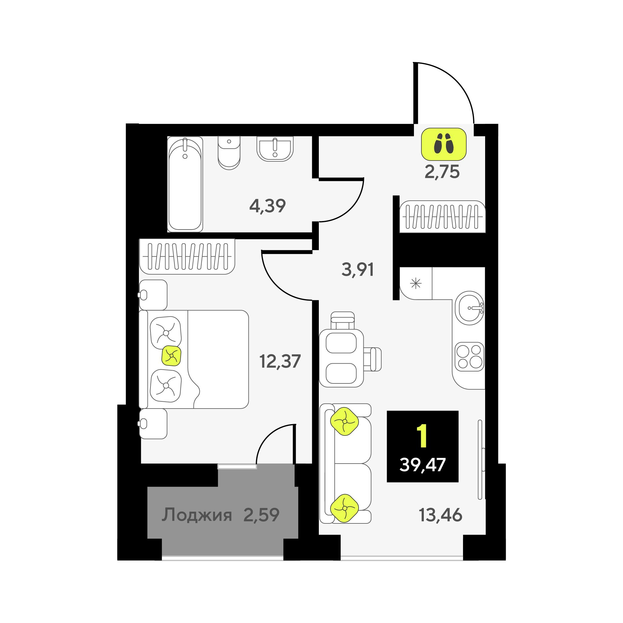 1-комнатная 39 м2 в ЖК Мотивы корпус null этаж 6