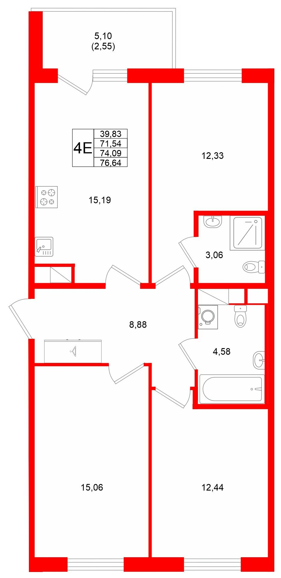 3-комнатная 74 м2 в ЖК IQ Гатчина корпус null этаж 7