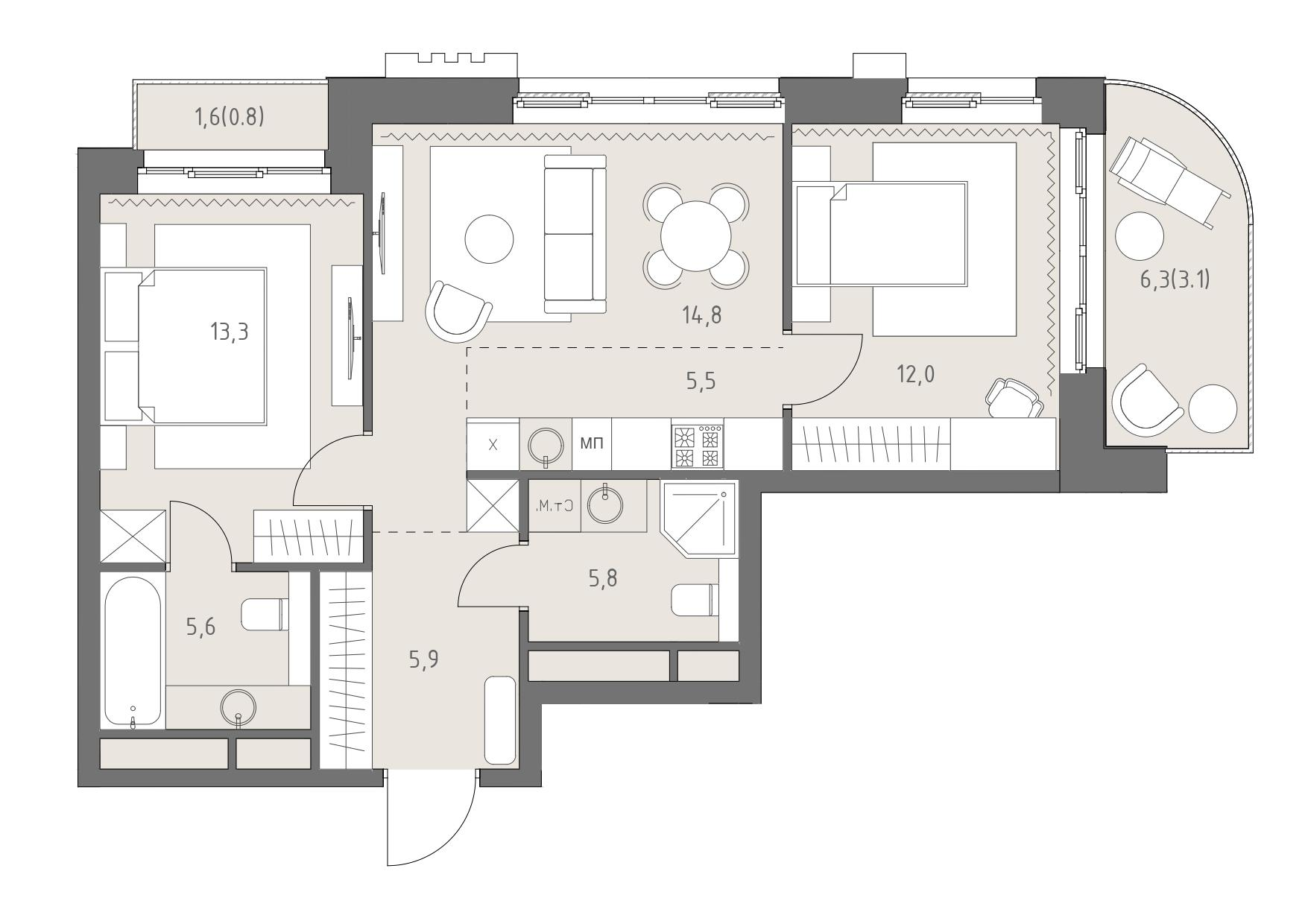 3-комнатная 66 м2 в ЖК Родина парк корпус null этаж 15