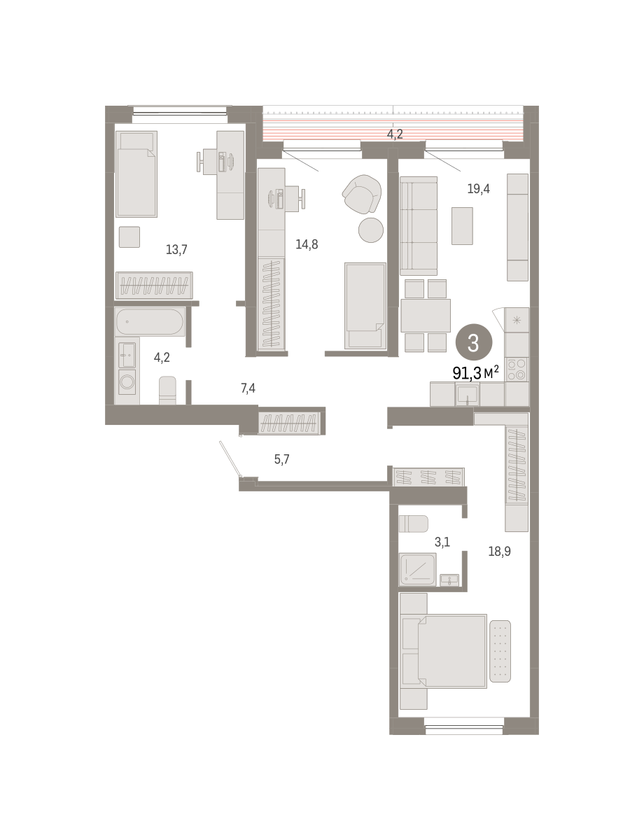 3-комнатная 91 м2 в ЖК Европейский берег корпус null этаж 8