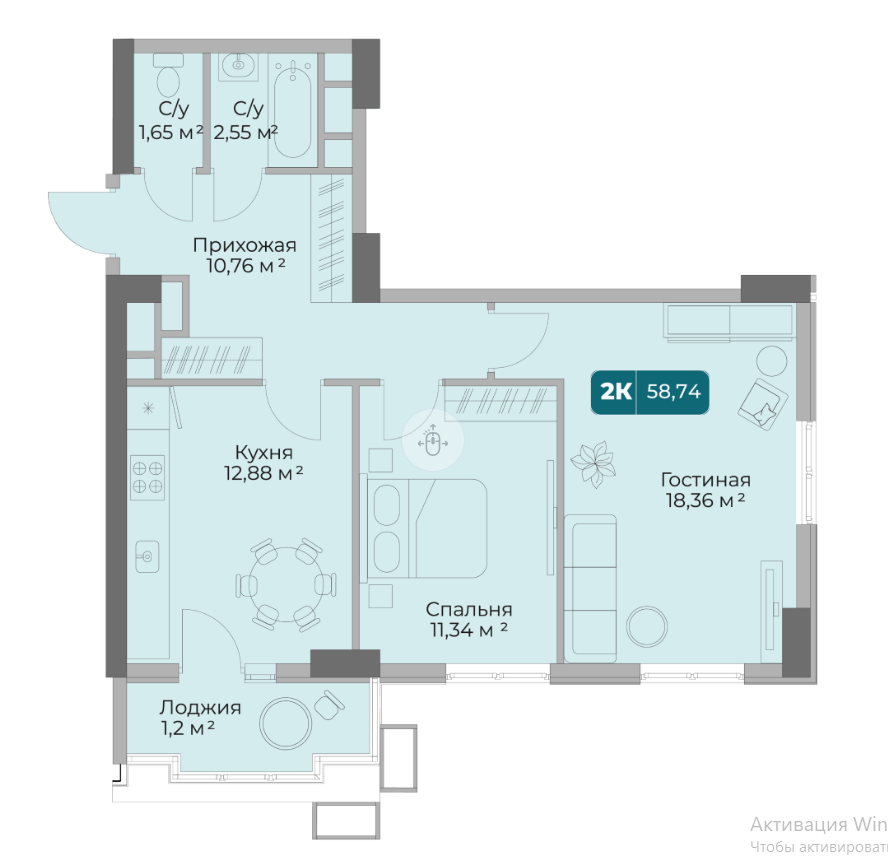 2-комнатная 58.7 м2 в ЖК undefined корпус null этаж 13