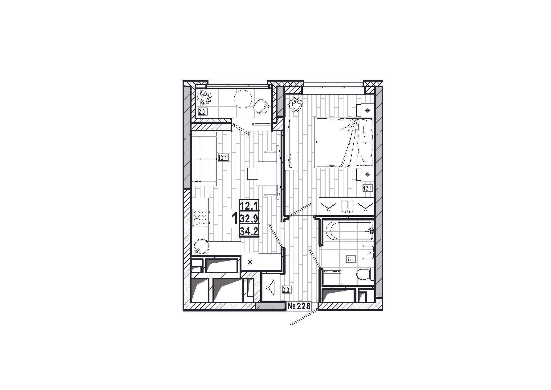 1-комнатная 34 м2 в ЖК Дом на Маяковского корпус null этаж 10