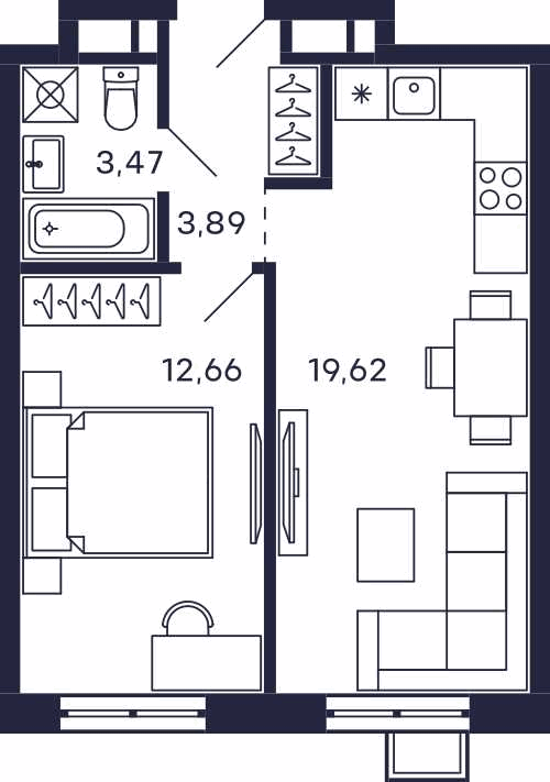 1-комнатная 39 м2 в ЖК Квартал Тетрис корпус null этаж 20
