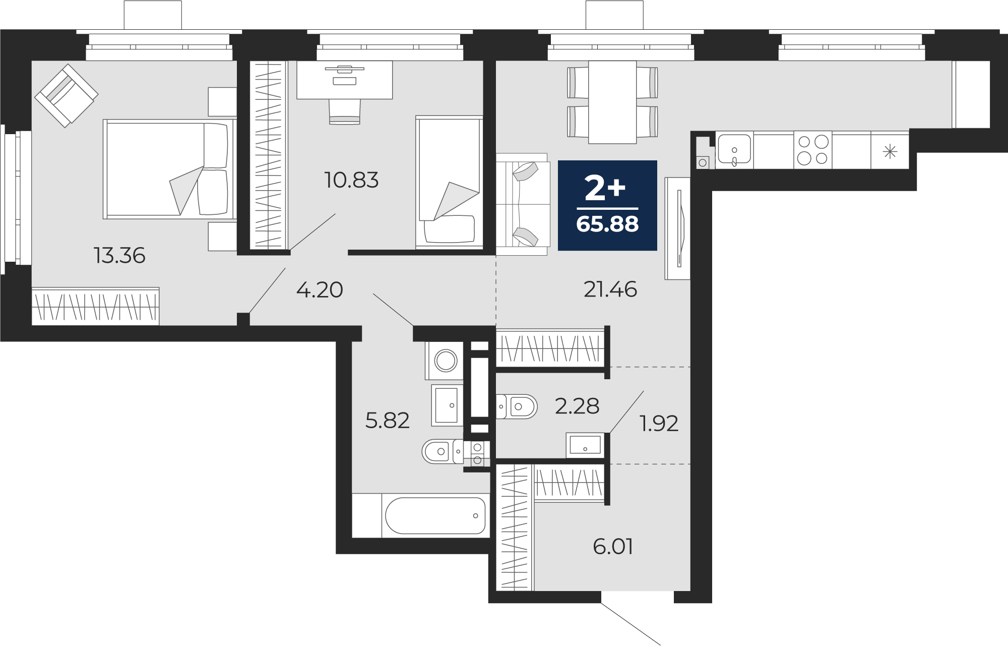 2-комнатная 65 м2 в ЖК Айвазовский корпус null этаж 23