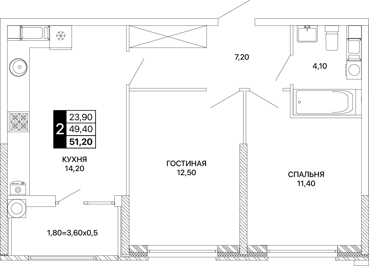 2-комнатная 51 м2 в ЖК Сияние корпус null этаж 4