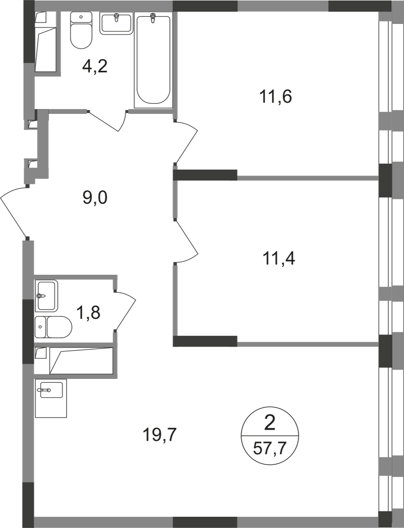 2-комнатная 57 м2 в ЖК Первый Московский корпус null этаж 13