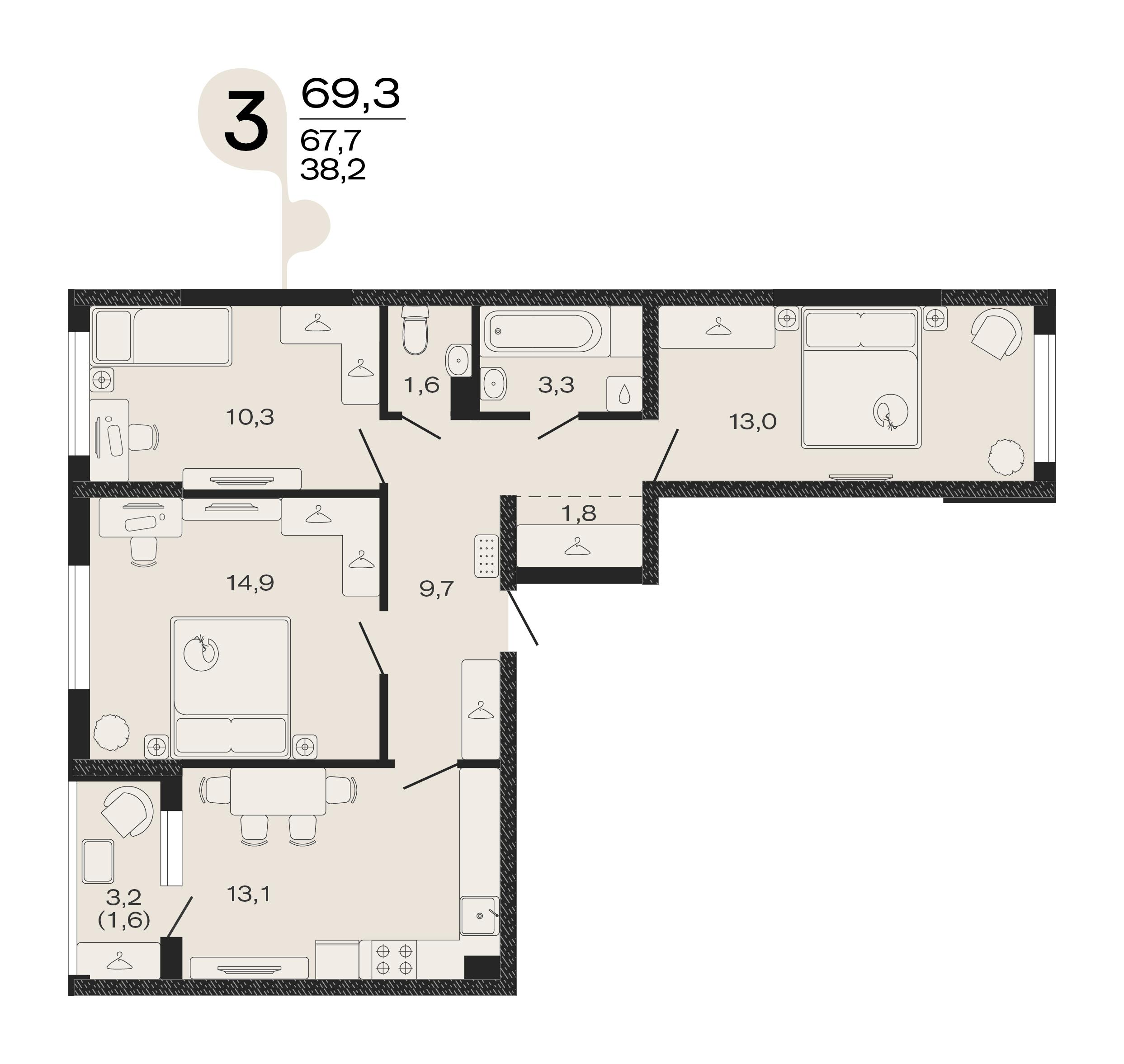 3-комнатная 69 м2 в ЖК ЭВО корпус null этаж 1