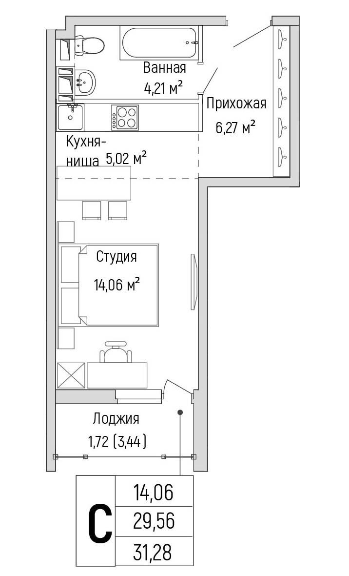 Студия 31 м2 в ЖК Riga Hills корпус null этаж 6