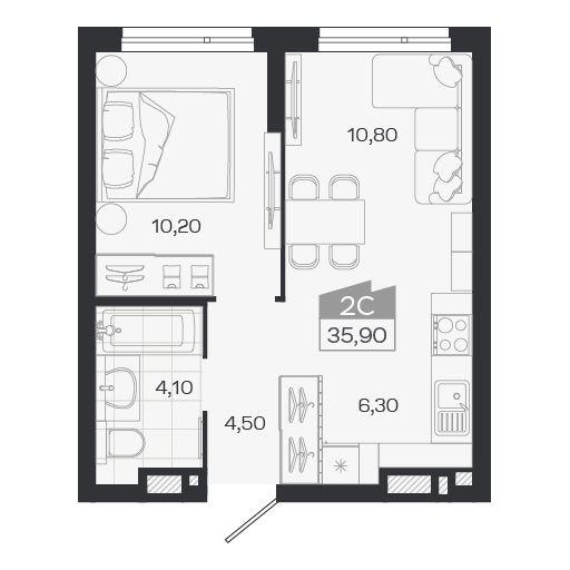 2-комнатная 35 м2 в ЖК Ясный берег корпус null этаж 15