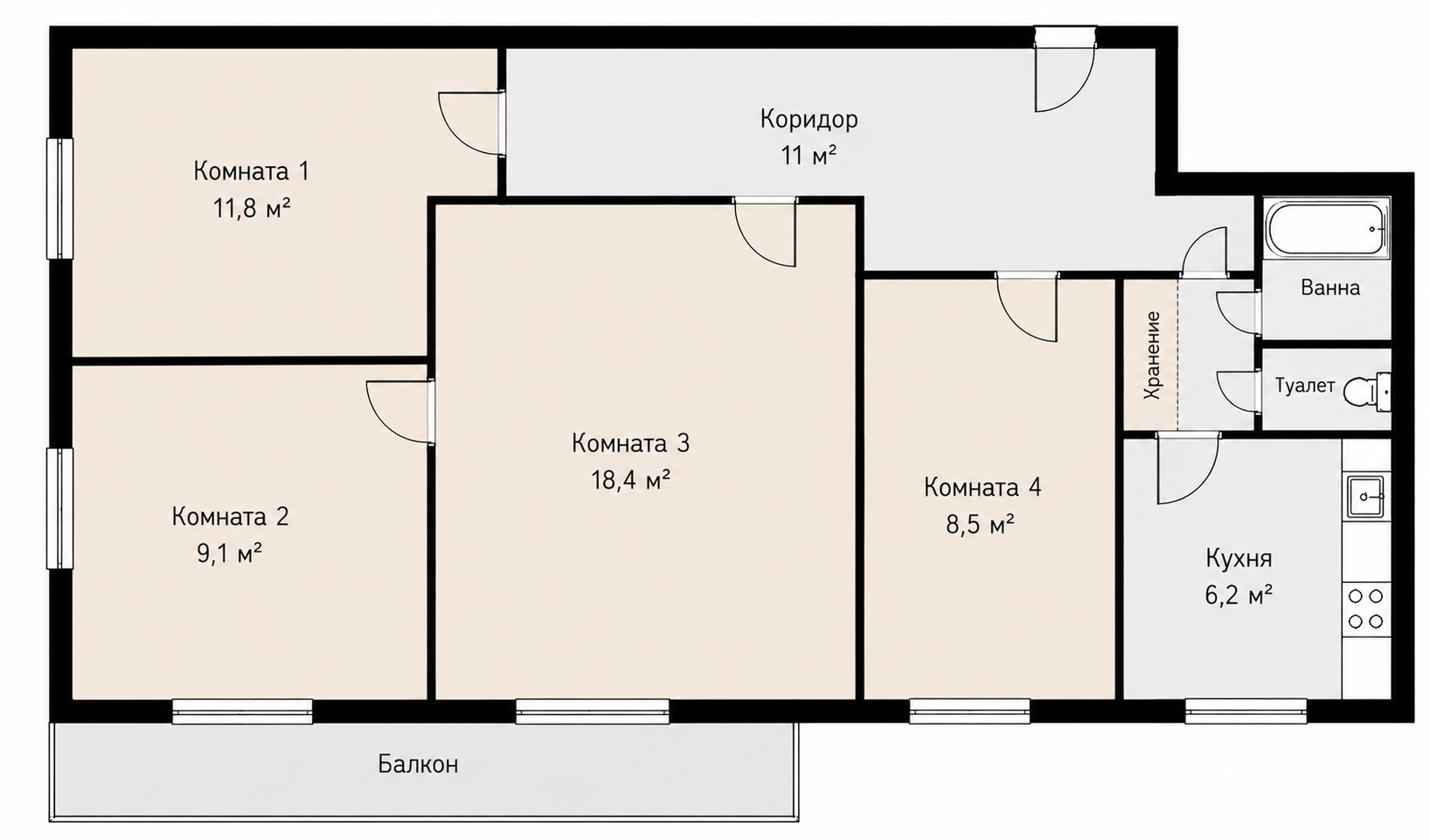 4-комнатная 64.3 м2 в ЖК undefined корпус null этаж 4