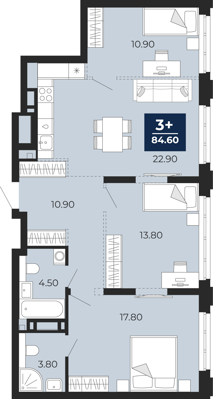3-комнатная 84 м2 в ЖК Айвазовский корпус null этаж 5